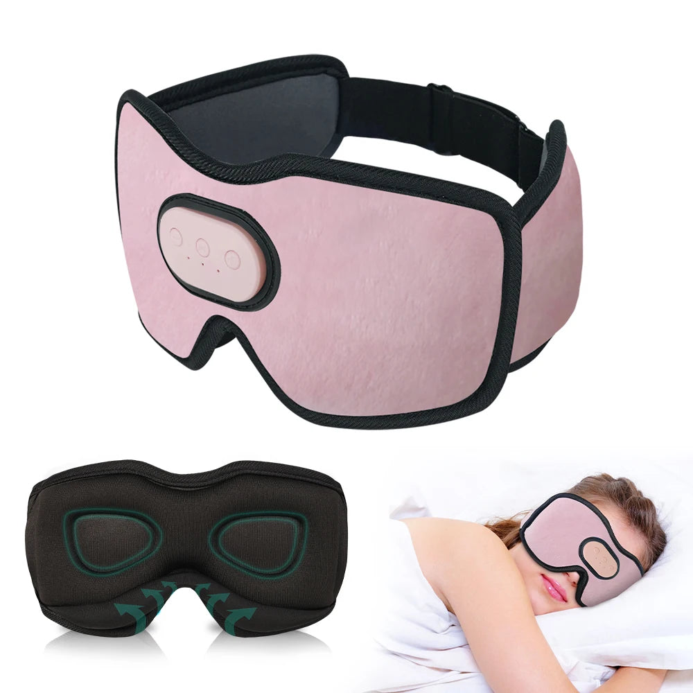 Pink sleep mask with black strap, green patterned mask, and person wearing pink mask on white background