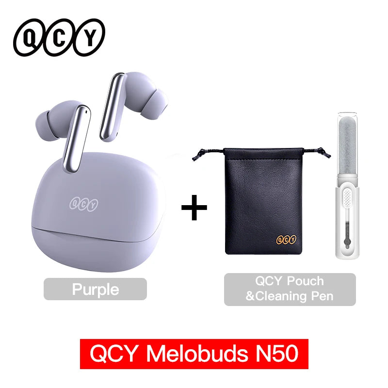 Purple QCY wireless earbuds with charging case, pouch, and cleaning pen on a white background