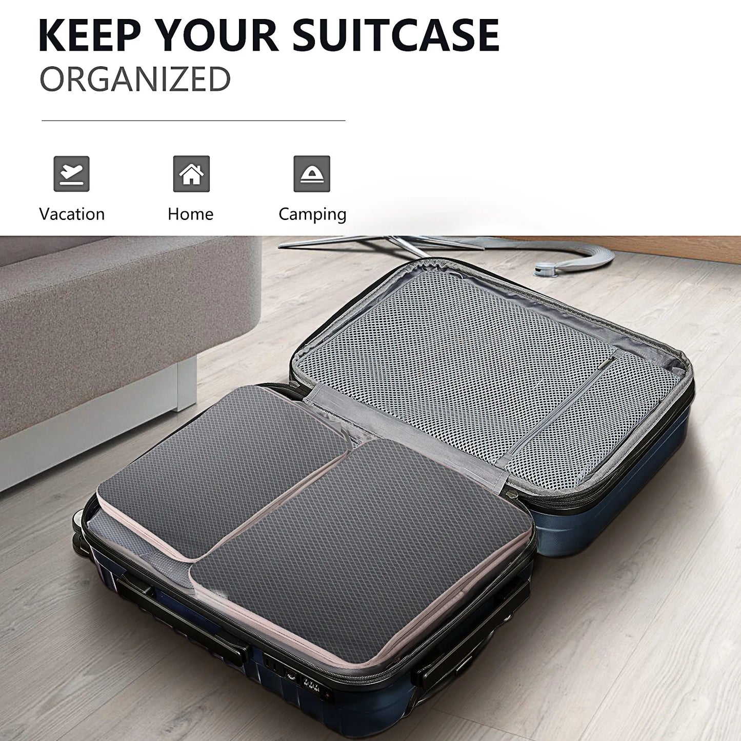 Open suitcase with packing cubes on a wooden floor, labeled for vacation, home, and camping.