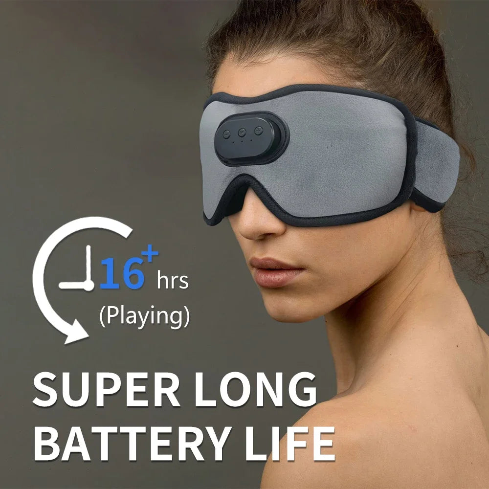 Person wearing a gray sleep mask with battery indicator, text 'Super Long Battery Life' on a dark background
