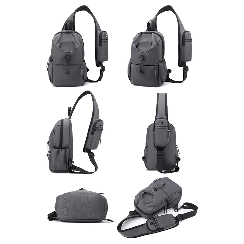 Collage of a black sling bag from multiple angles on a white background