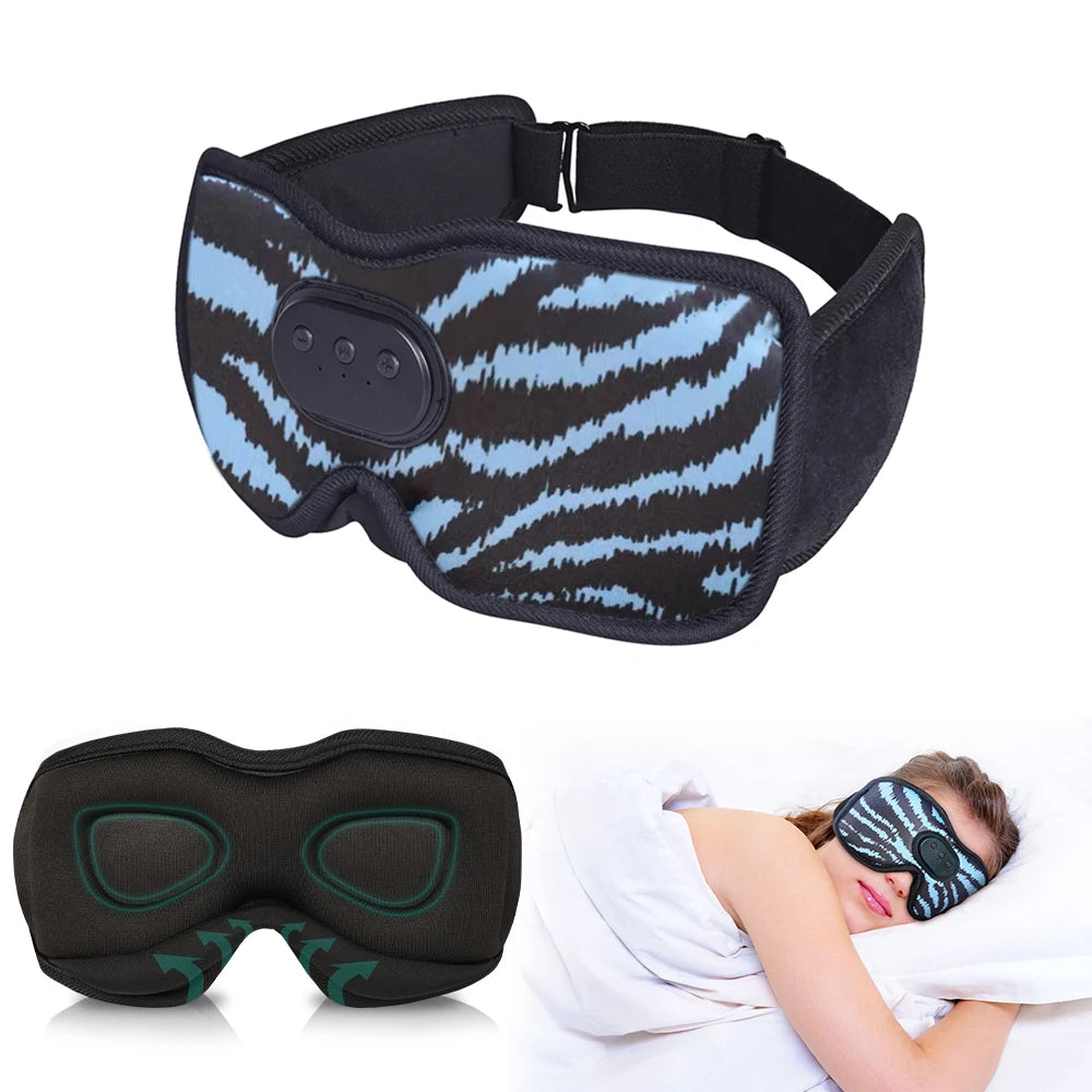 Sleep mask with zebra pattern and black strap, shown on a white background.
