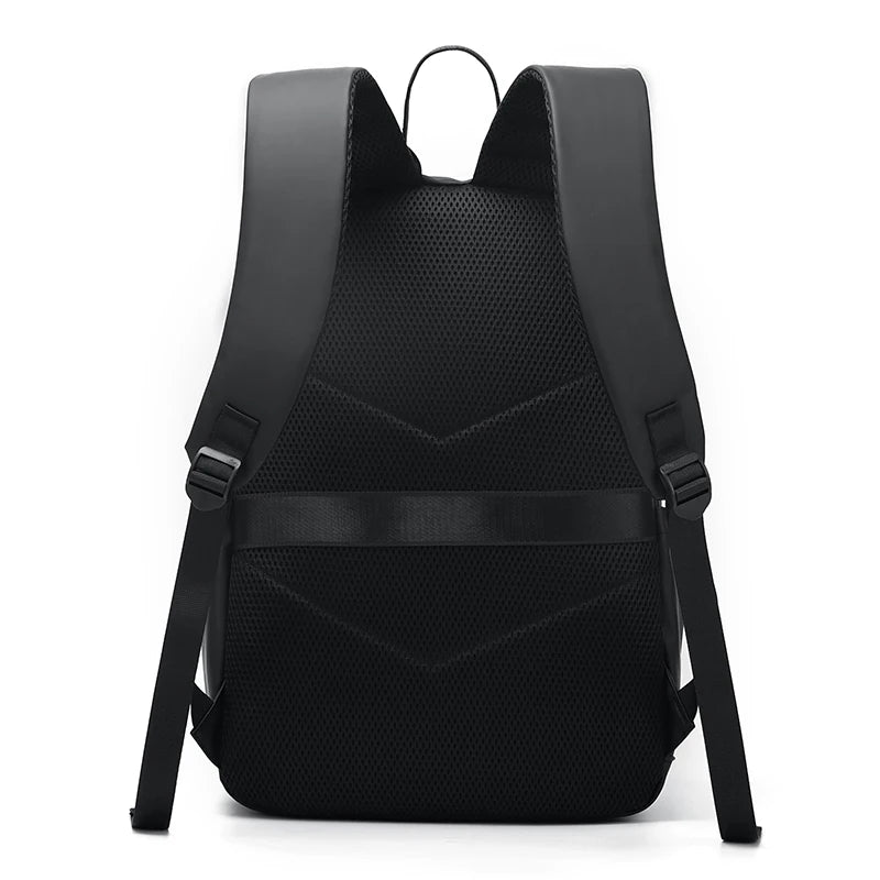 Black backpack with a geometric design on a white background