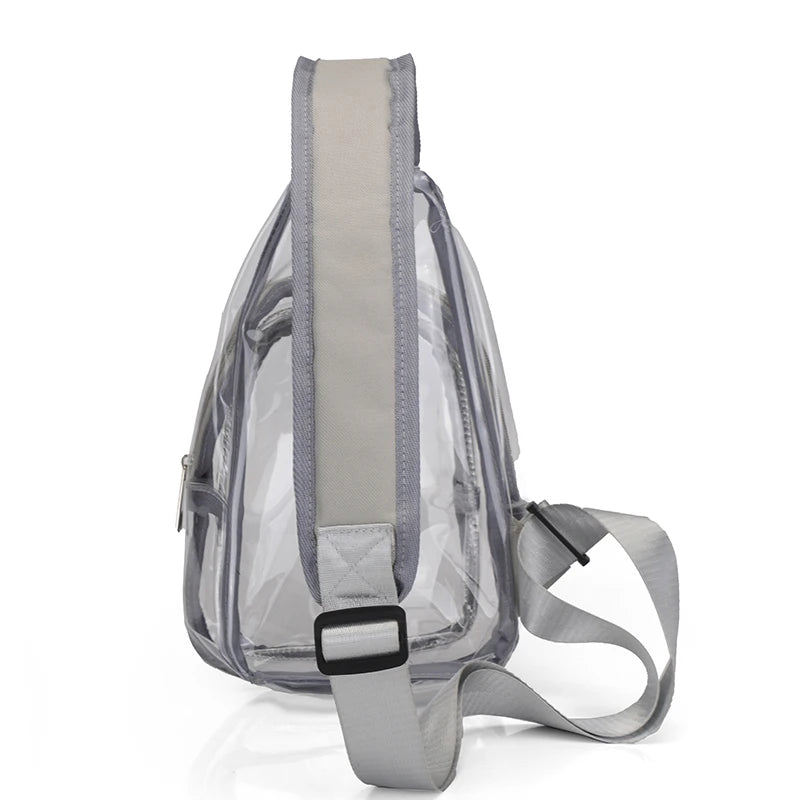 Clear backpack with gray straps on a white background