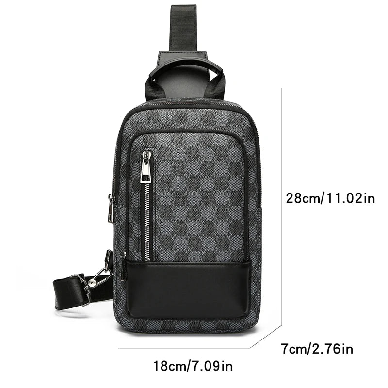 Gray checkered crossbody bag with black accents and measurements on a white background