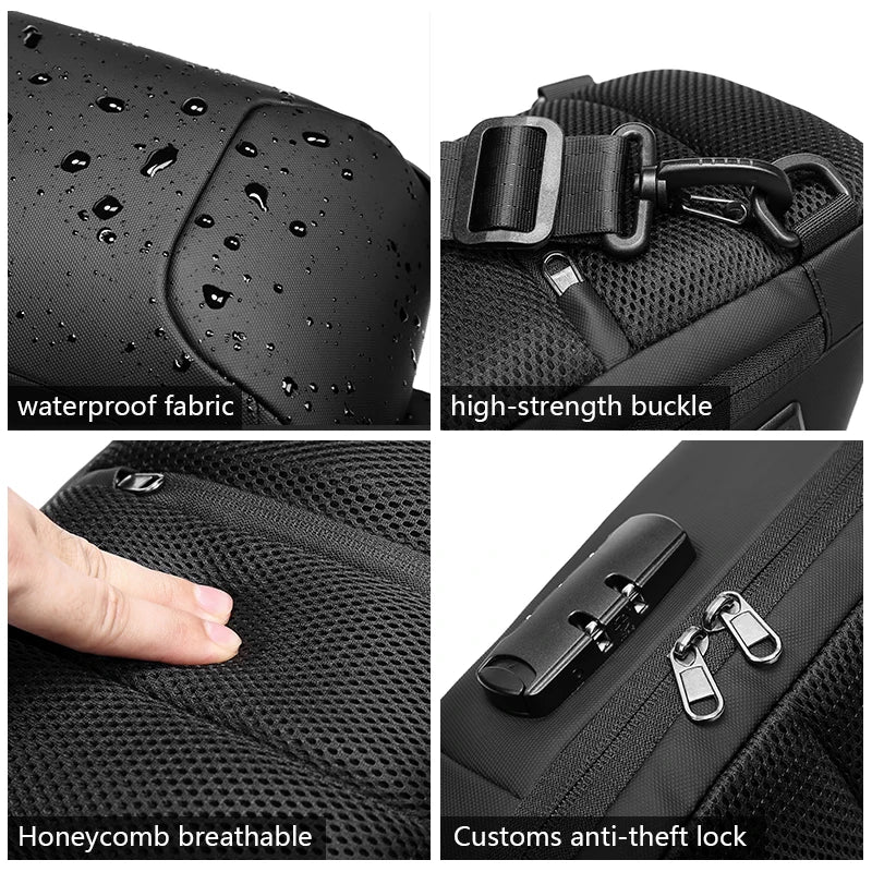 Collage of a black bag's features including waterproof fabric, high-strength buckle, honeycomb design, and anti-theft lock.