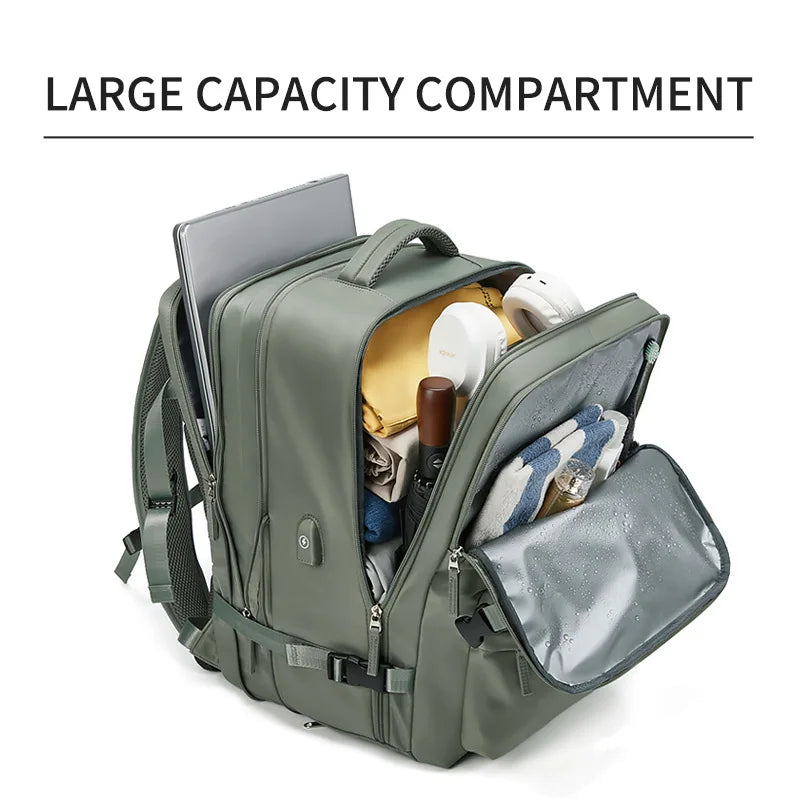 Green backpack with large capacity compartment on a white background