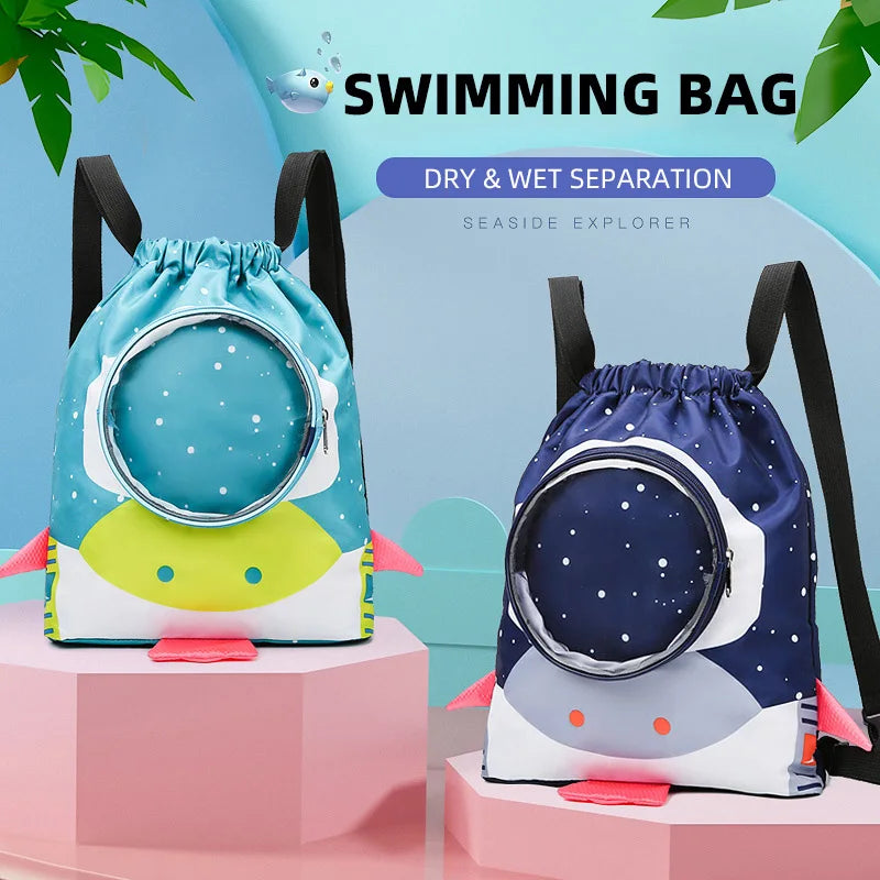 Two drawstring bags with ocean-themed designs on a colorful background