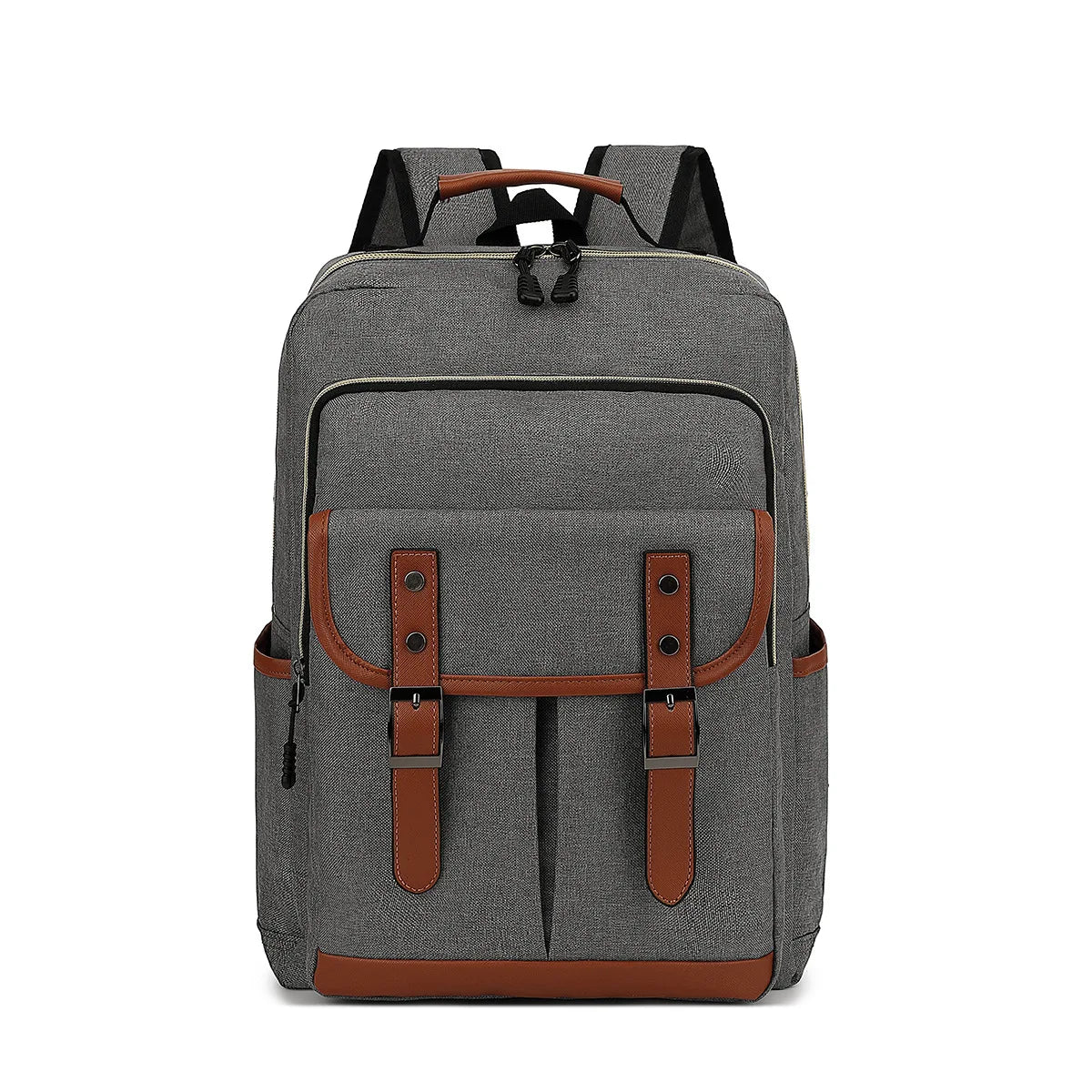Gray backpack with brown accents on a white background