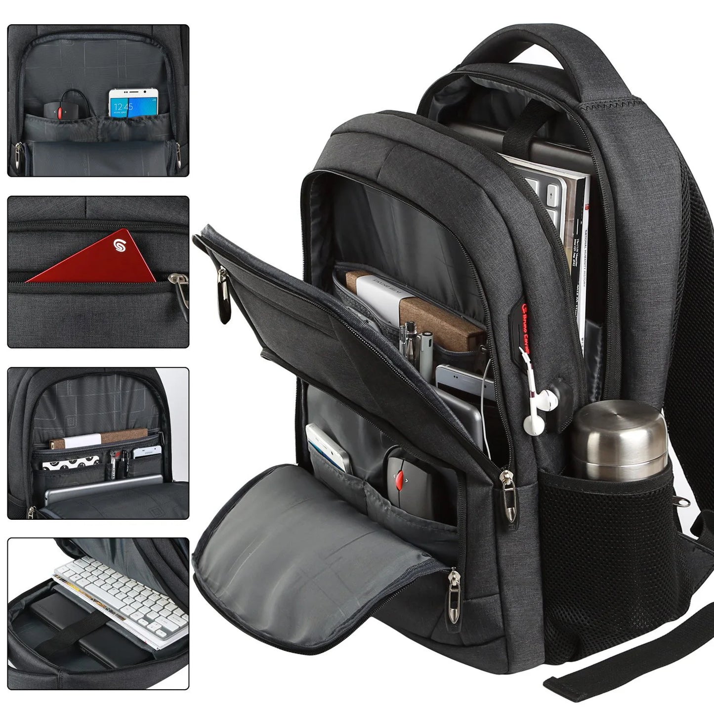 Black backpack with multiple compartments and items, including a phone, red book, and keyboard.
