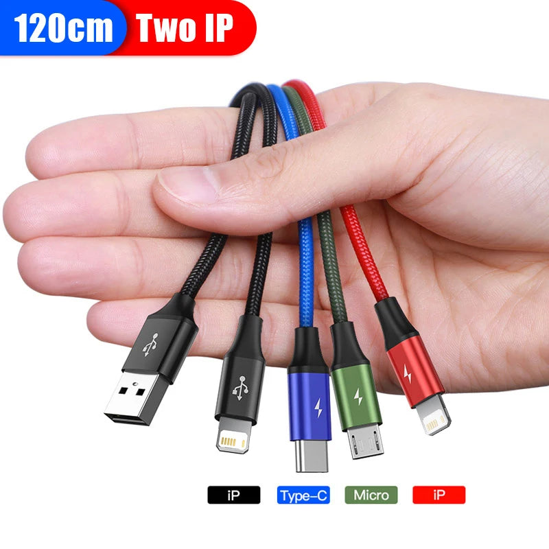 Hand holding four colorful USB cables with different connectors on a white background.