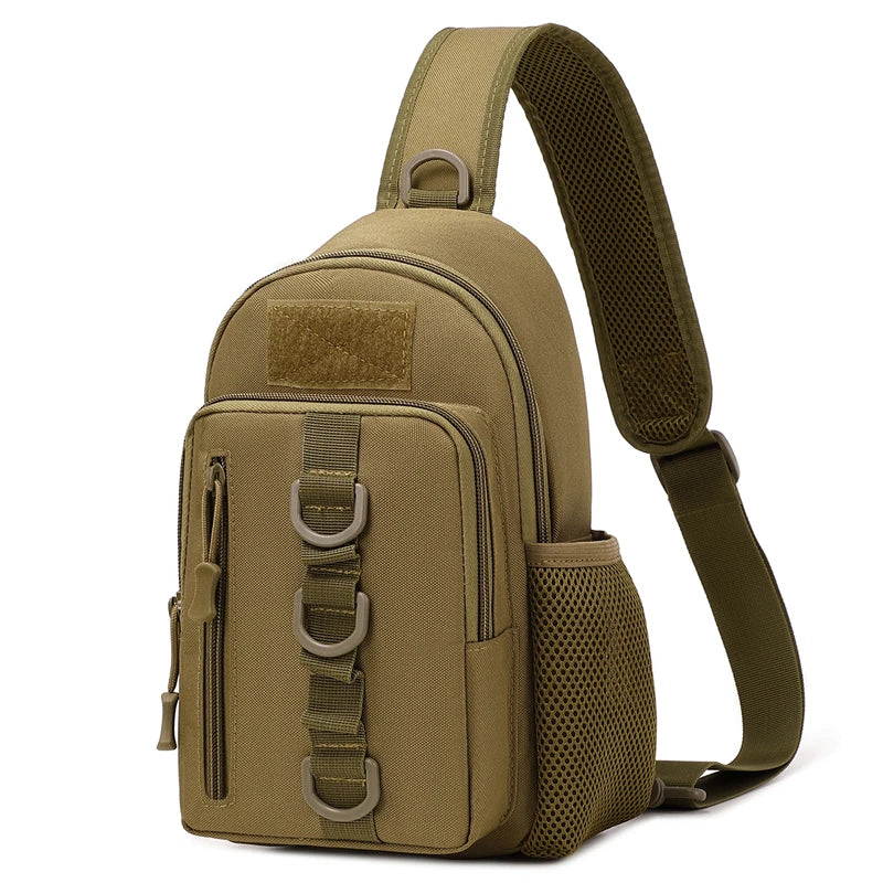 Tan sling bag with multiple pockets and straps on a white background