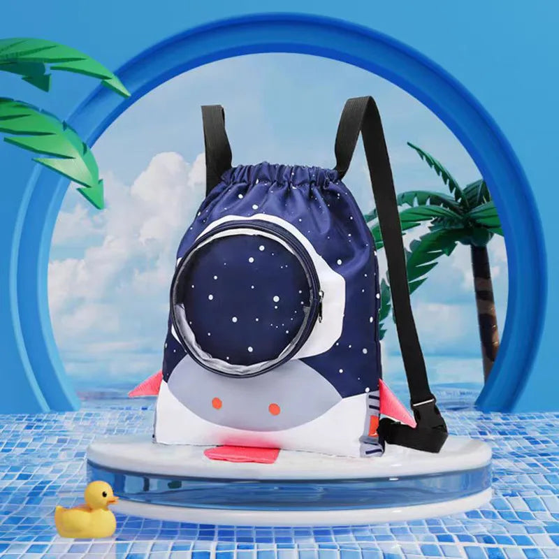 Drawstring bag with penguin design on a pool float against a blue background with palm trees.