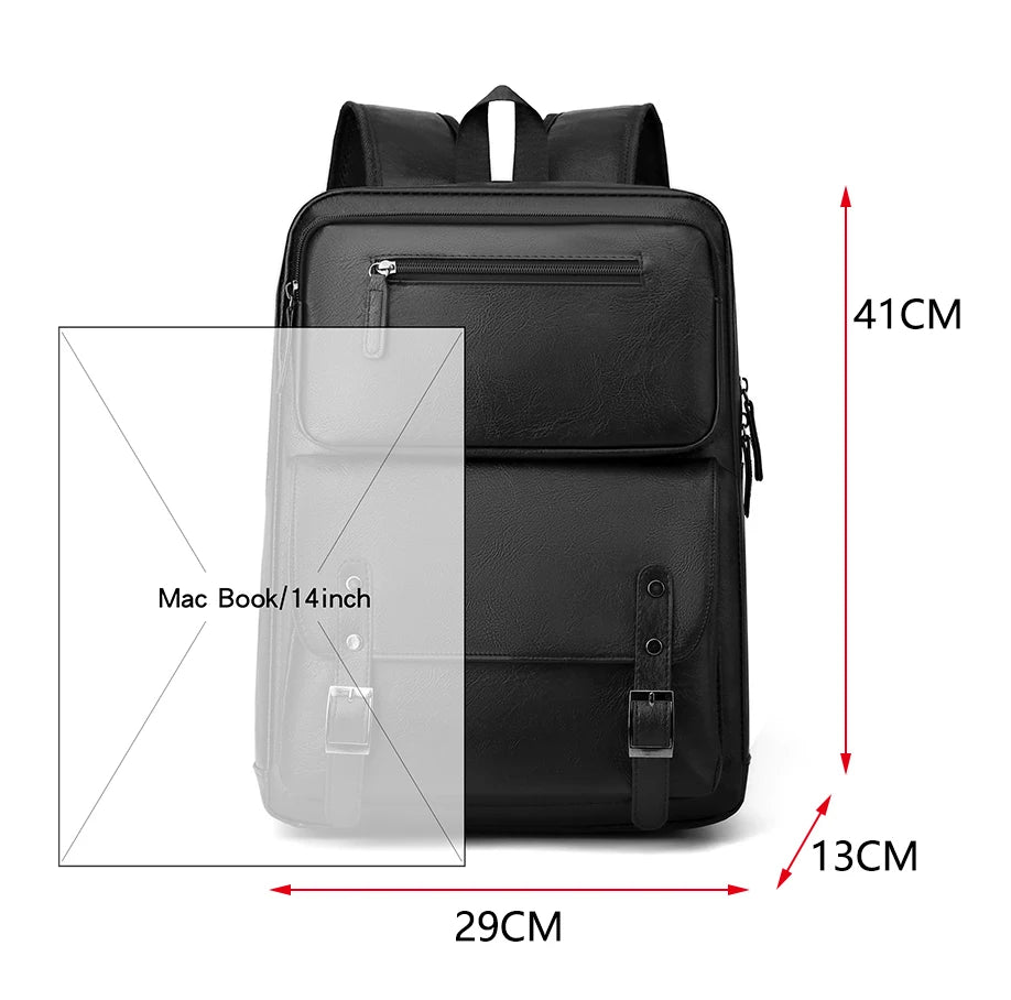 Black backpack with dimensions indicated on a white background