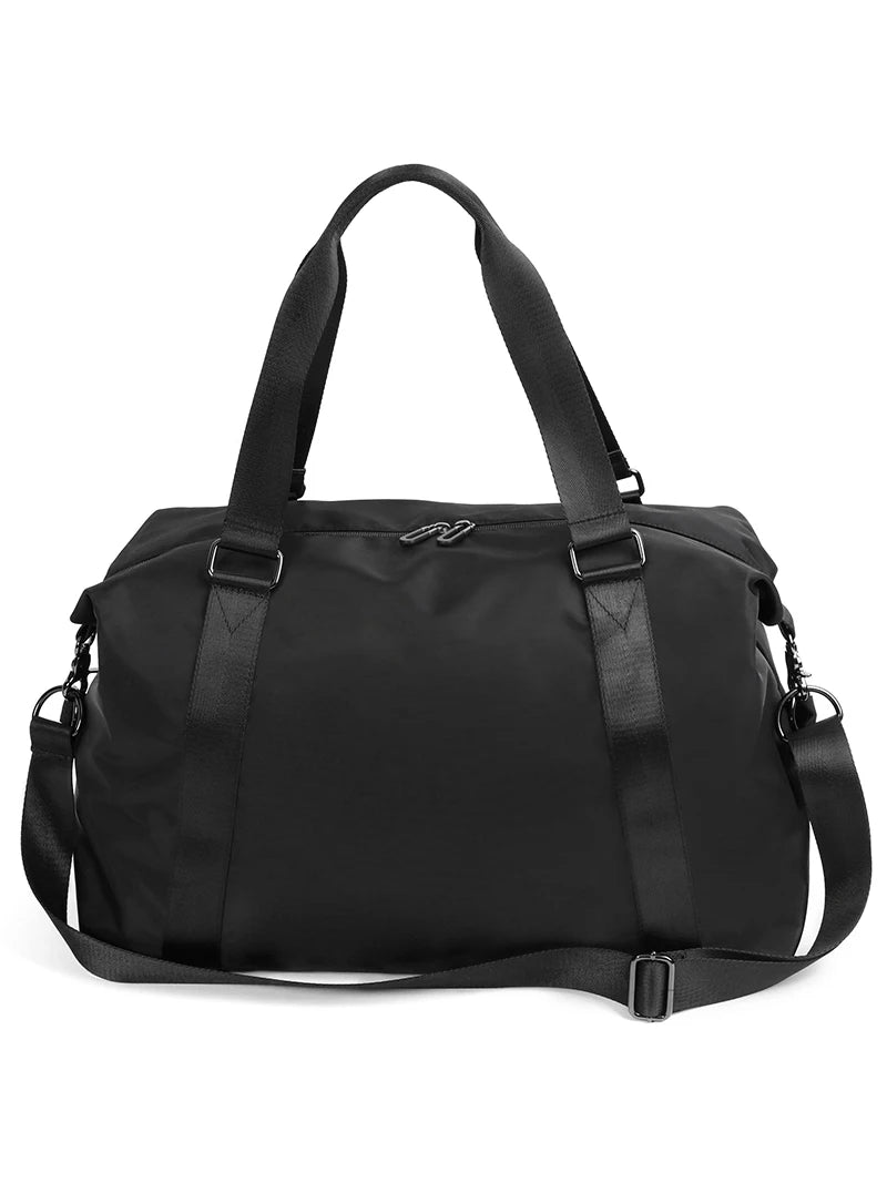 Black duffel bag with shoulder strap on a white background