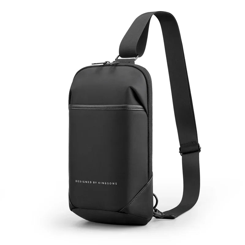 Black sling bag with a strap on a white background