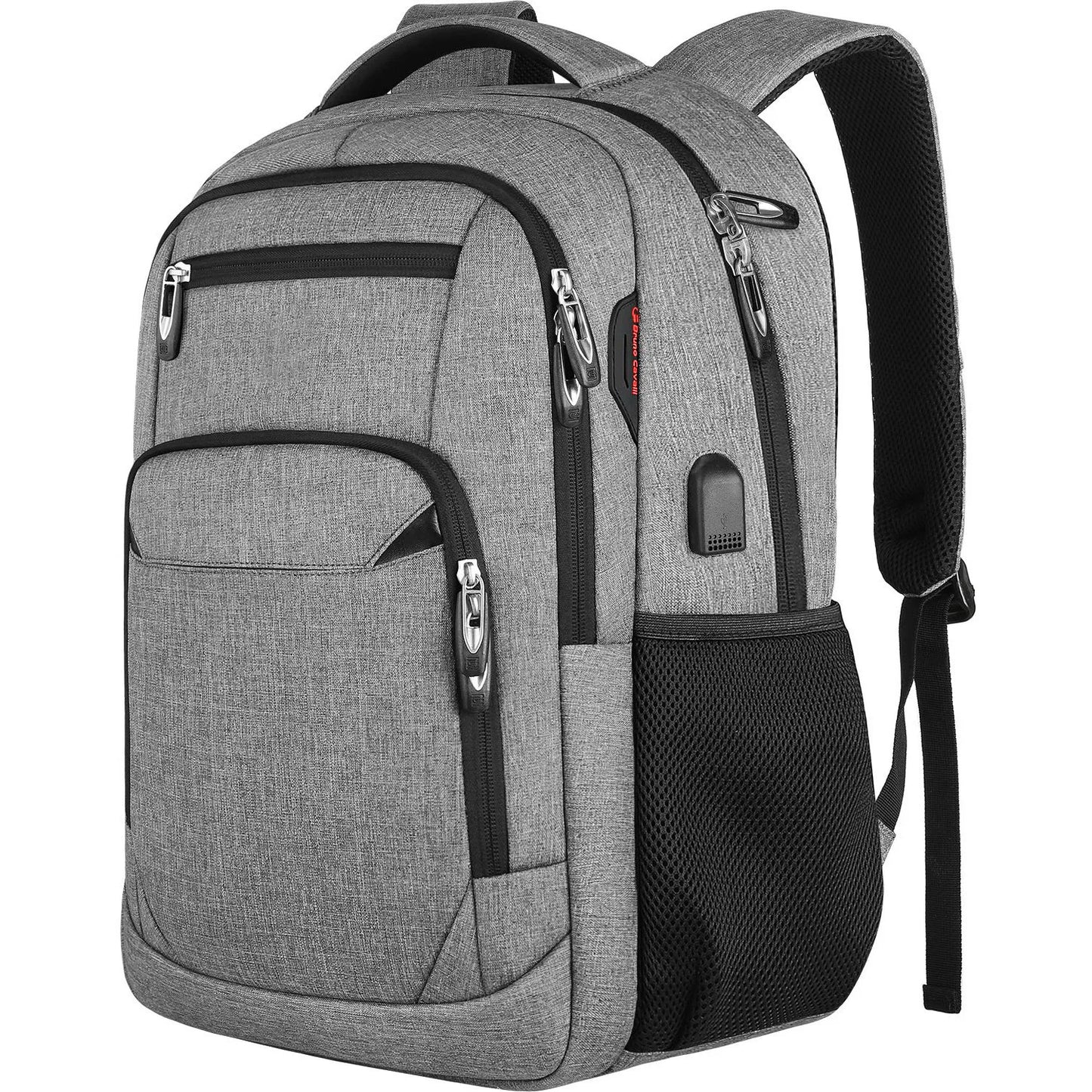 Gray backpack with multiple pockets and zippers on a white background