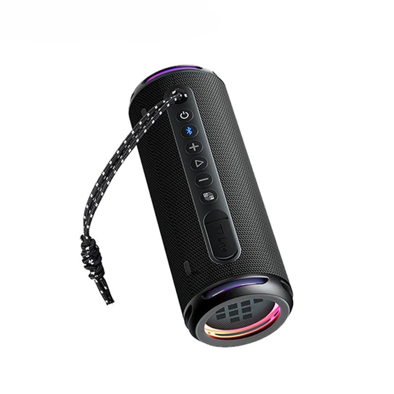 Black portable Bluetooth speaker with colorful lights on a white background