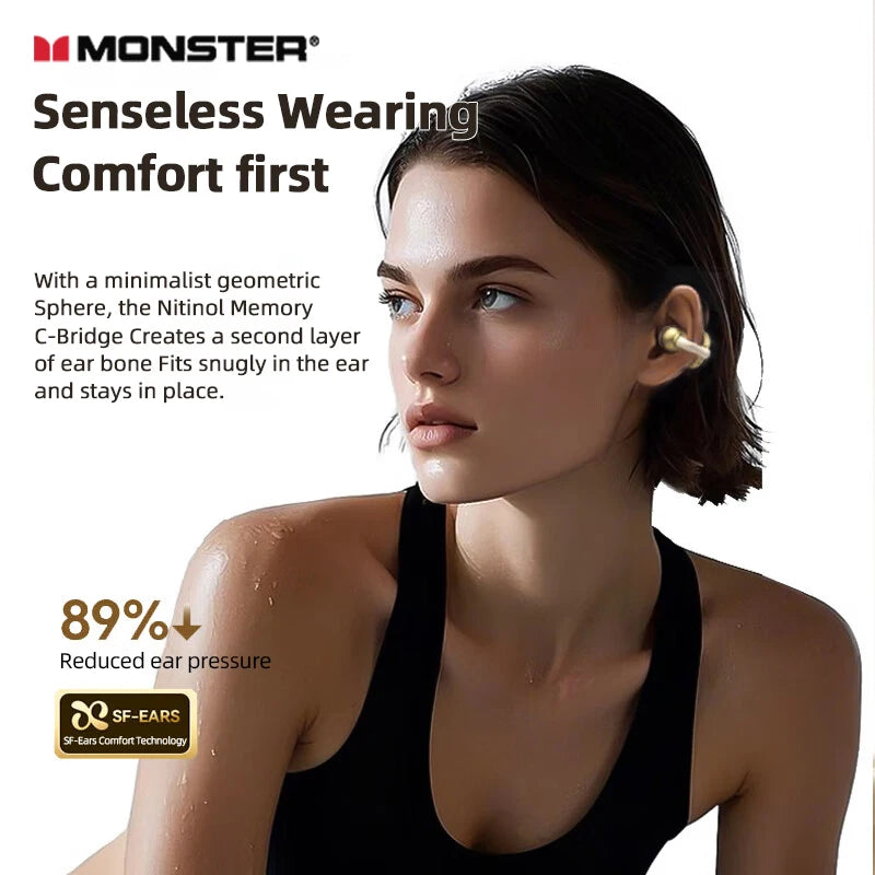 Advertisement for Monster earbuds with a woman wearing them, featuring text about comfort and technology.