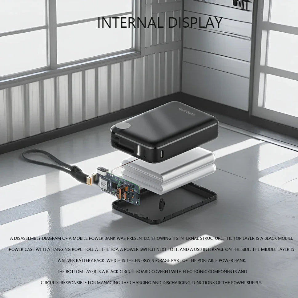 Disassembly diagram of a mobile power bank with internal components on a white floor.