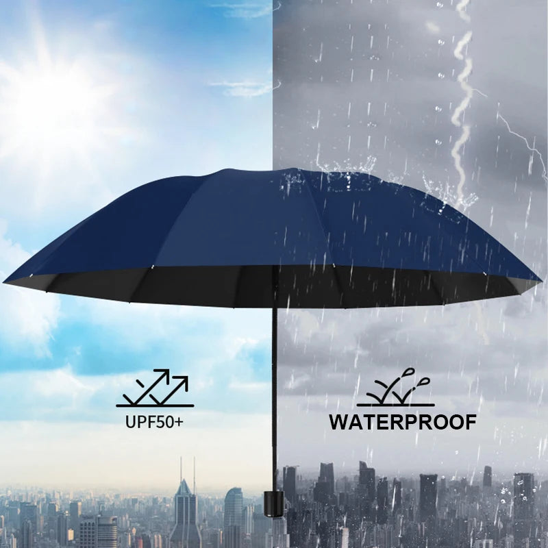 Blue umbrella with UPF50+ and waterproof features displayed against a cityscape background.