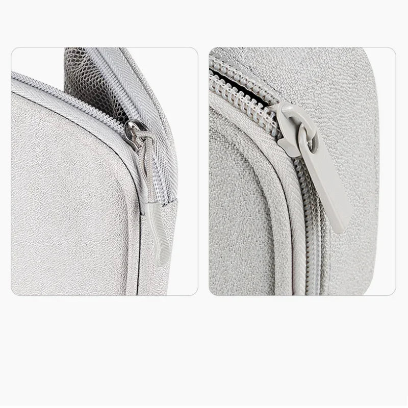 Close-up of a gray bag with a zipper, showing texture and design details.
