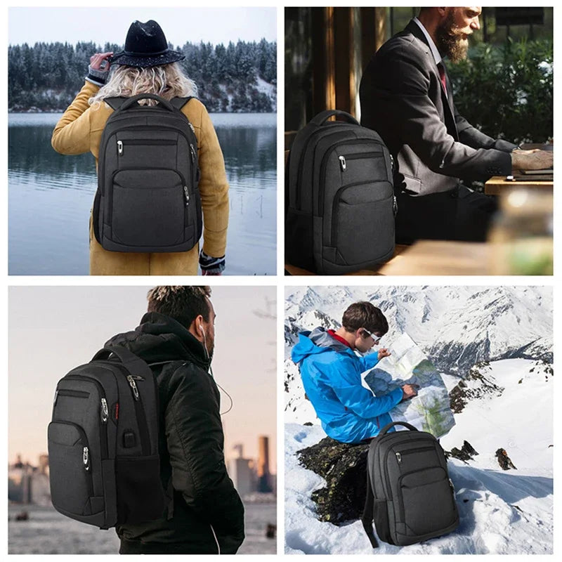 Collage of people wearing black backpacks in various settings.