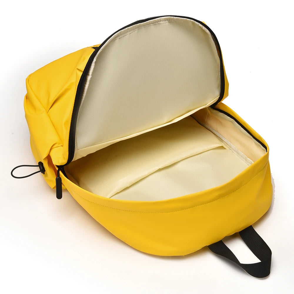 Yellow backpack with open front compartment on a white background