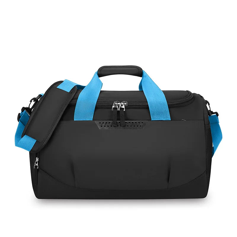 Black duffel bag with blue straps on a white background