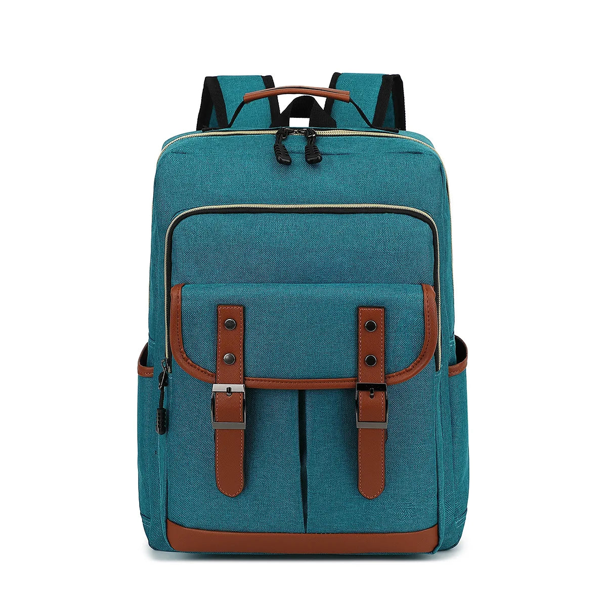 Blue backpack with brown accents on a white background