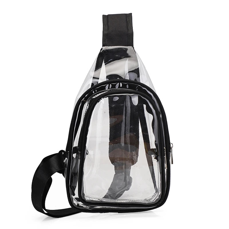 Clear sling bag with black straps on a white background