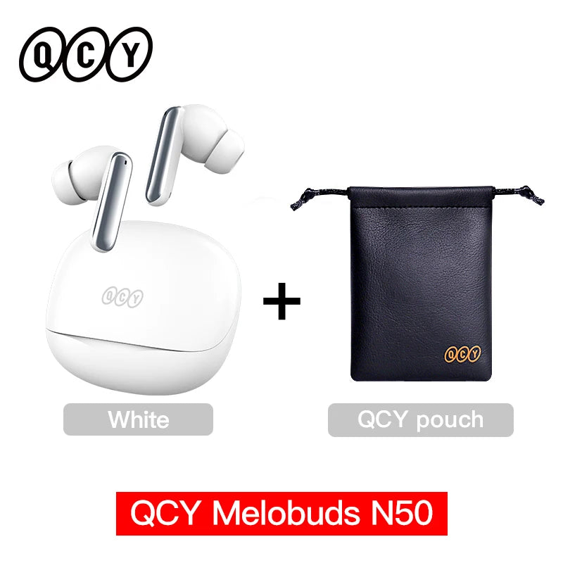 QCY Melobuds N50 wireless earbuds with white case and black pouch on a white background