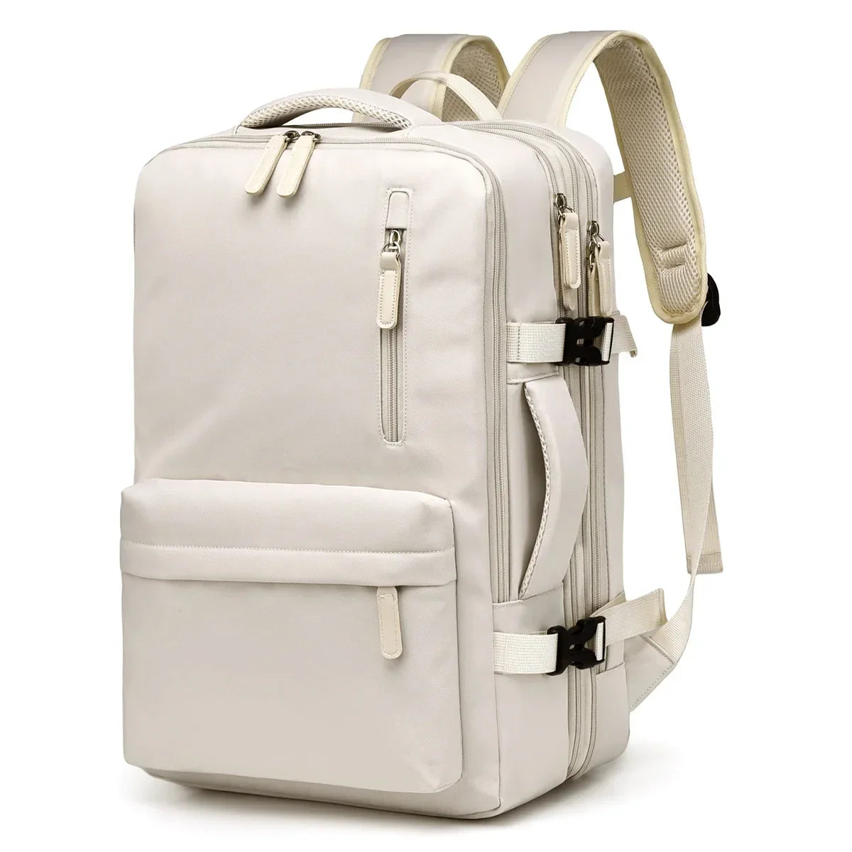Beige backpack with multiple pockets and zippers on a white background