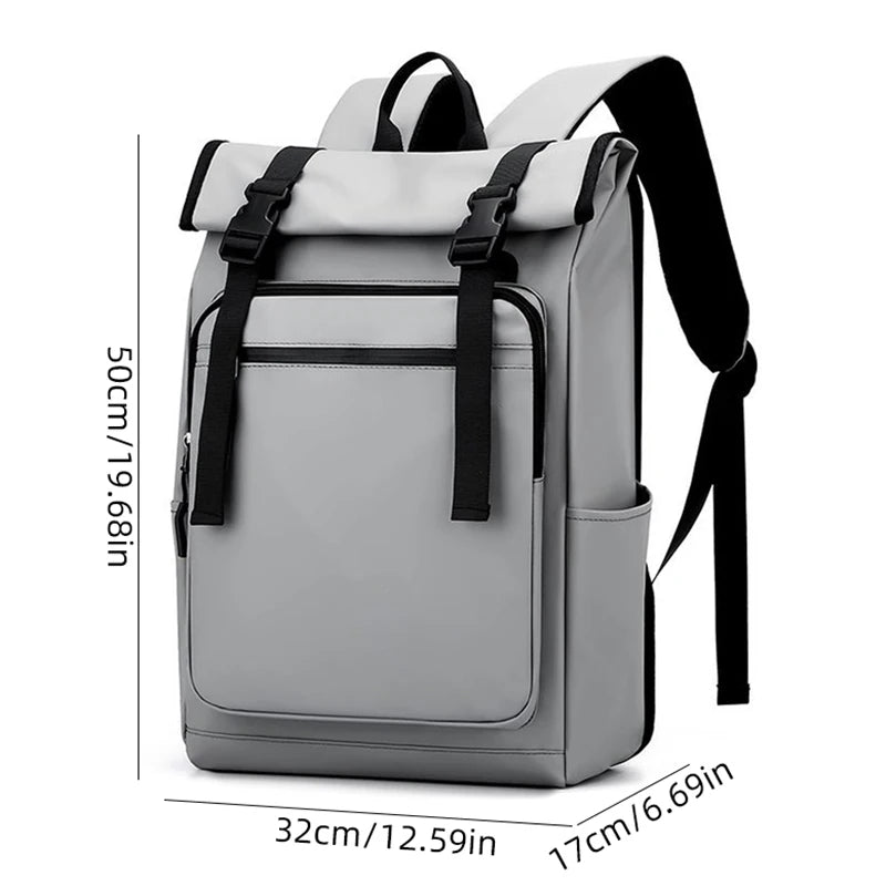 Gray backpack with black straps and dimensions on a white background