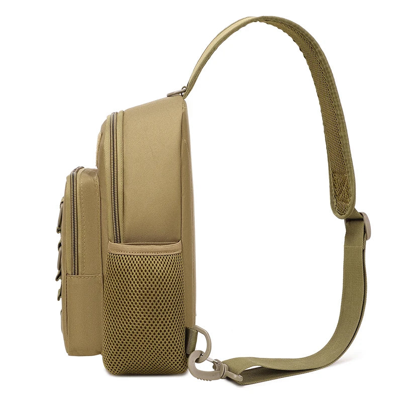 Khaki shoulder bag with a strap on a white background
