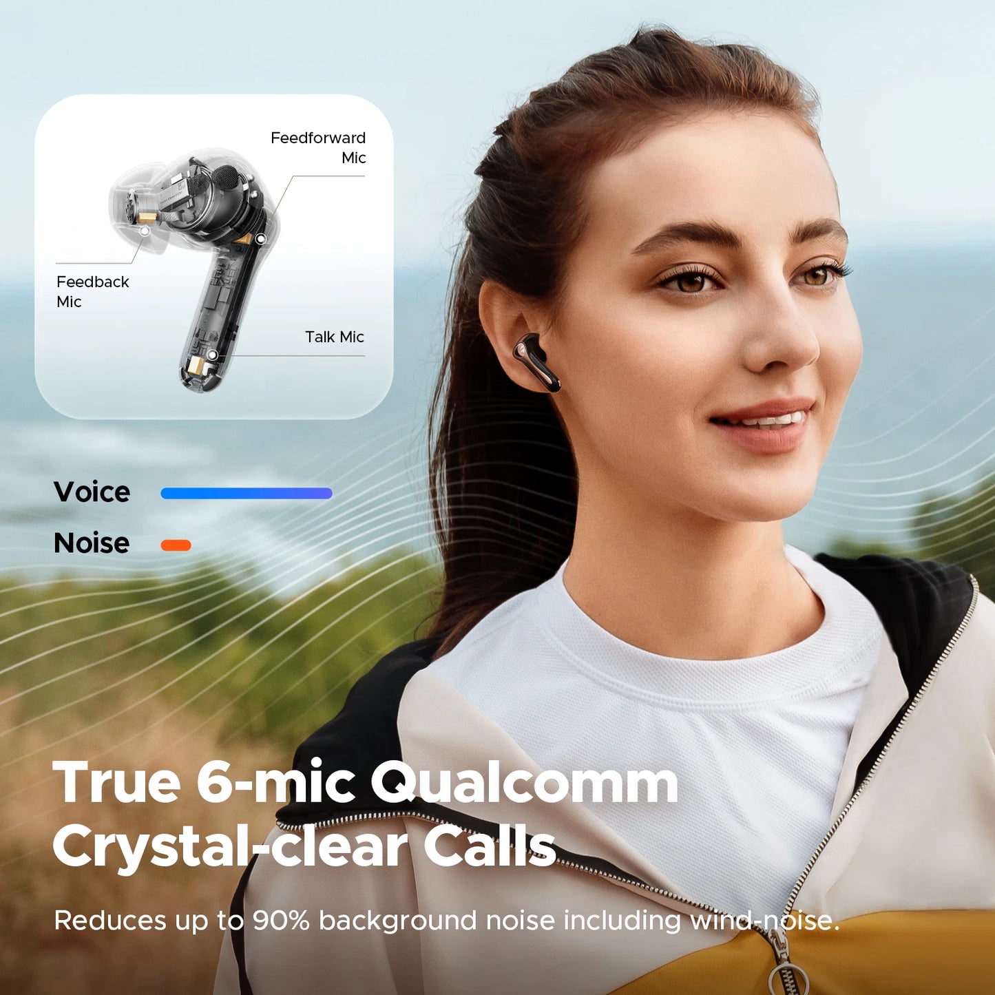 Woman wearing wireless earbuds with technical diagram and text about Qualcomm crystal-clear calls.