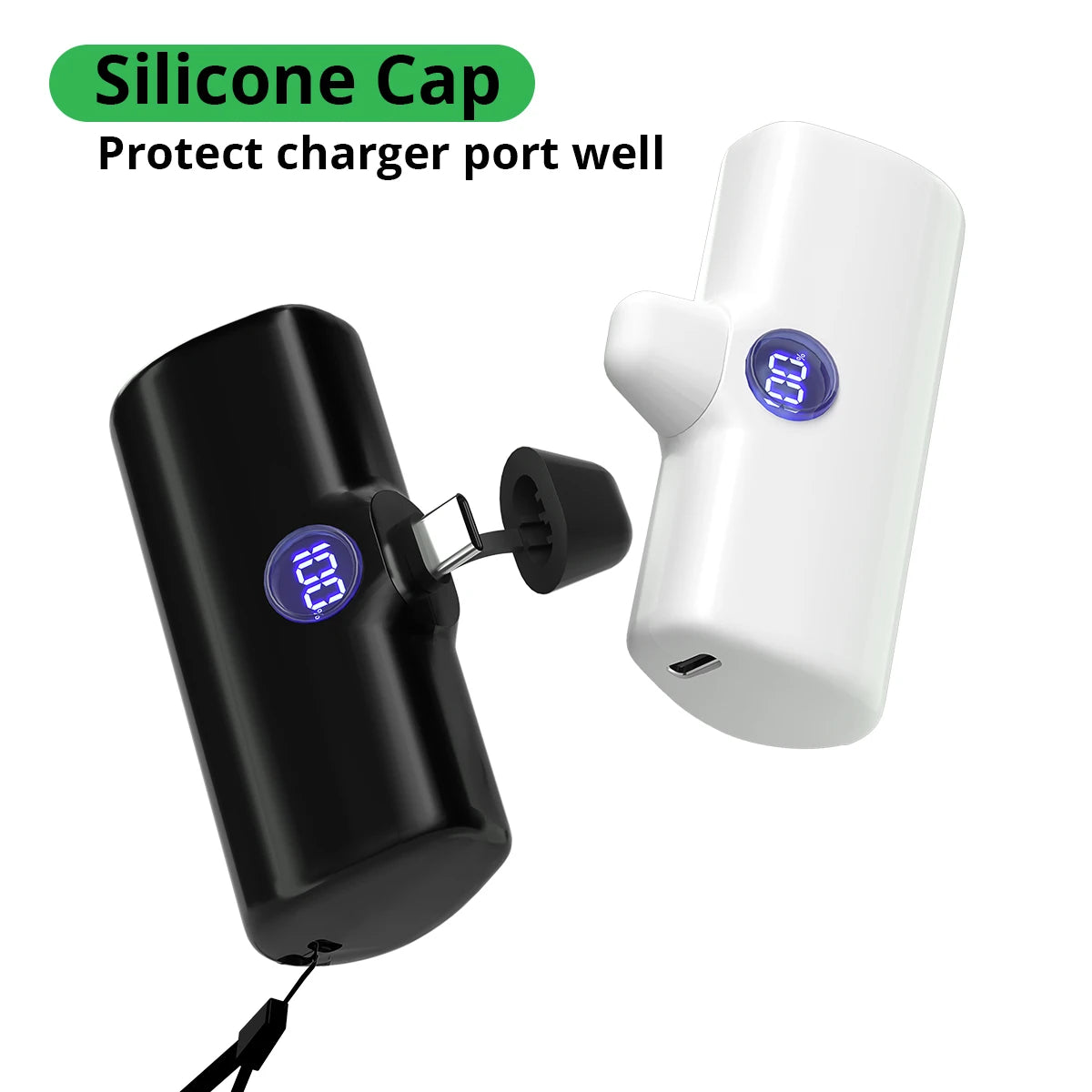 Black and white electronic devices with digital displays on a white background, labeled 'Silicone Cap'.