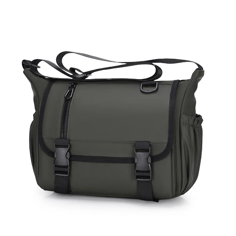 Gray shoulder bag with black straps on a white background