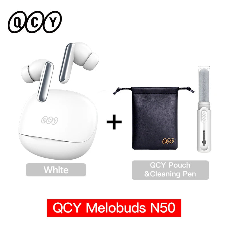 QCY Melobuds N50 wireless earbuds with charging case, QCY pouch, and cleaning pen on a white background
