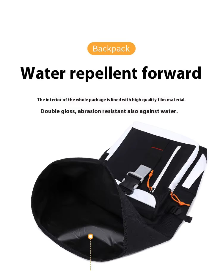 Black backpack with water repellent feature on a white background