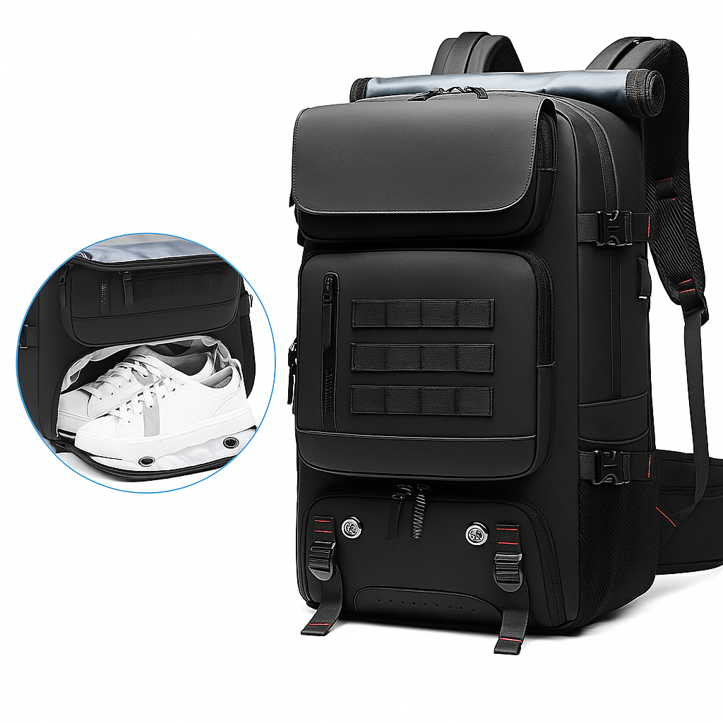 Black backpack with a shoe compartment on a white background