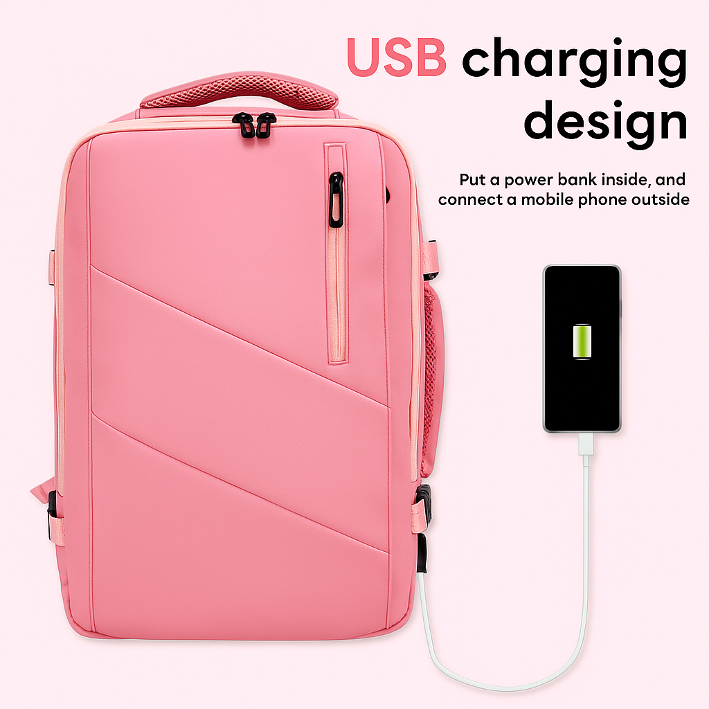 Pink backpack with USB charging design, showing a power bank and phone connection.