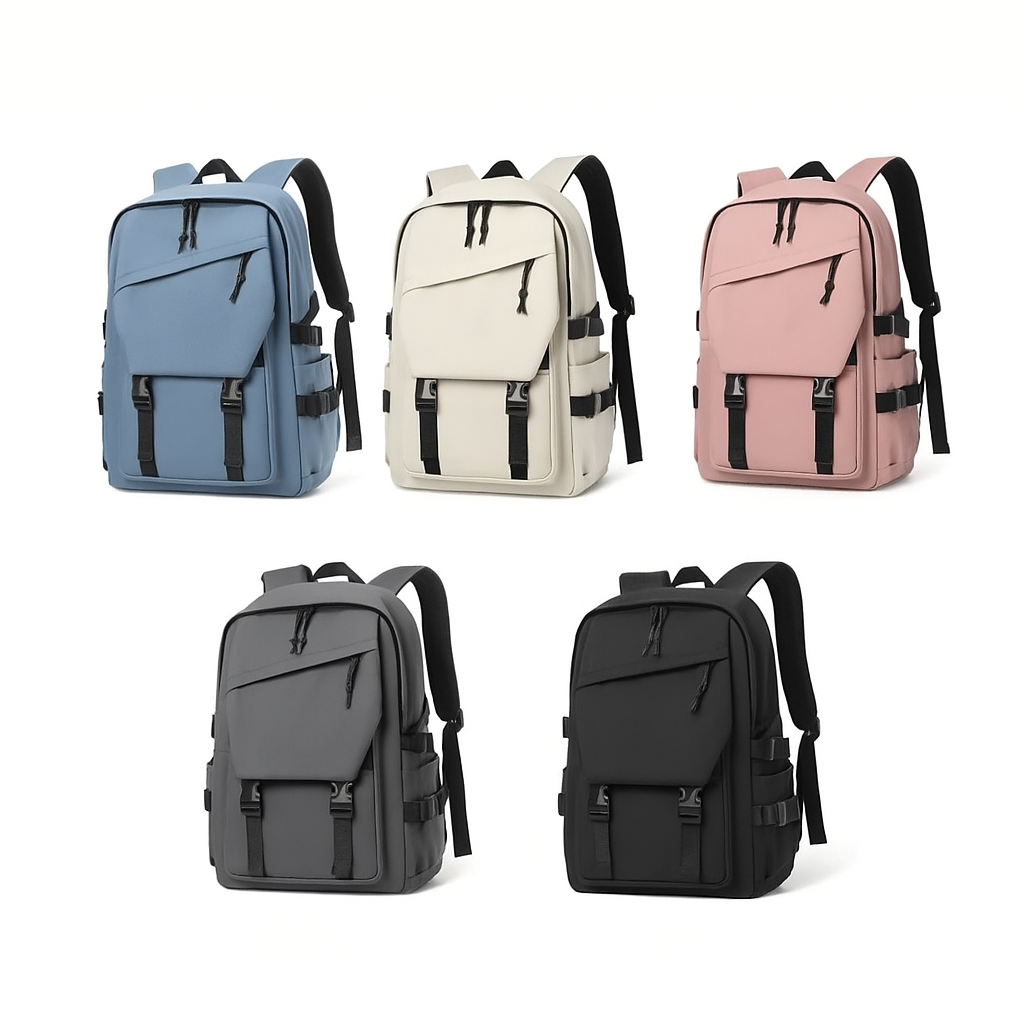 Five backpacks in blue, beige, pink, gray, and black on a white background