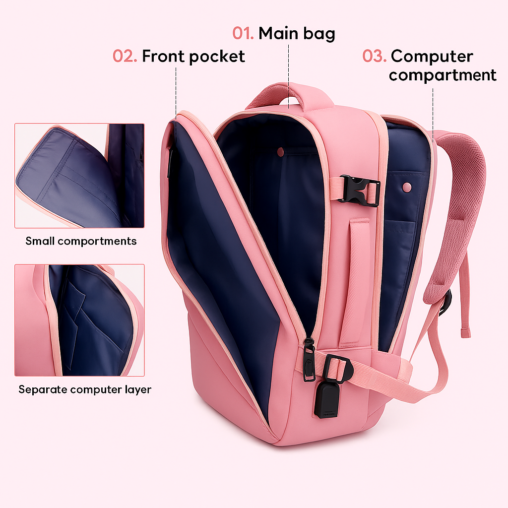 Pink backpack with labeled compartments on a white background