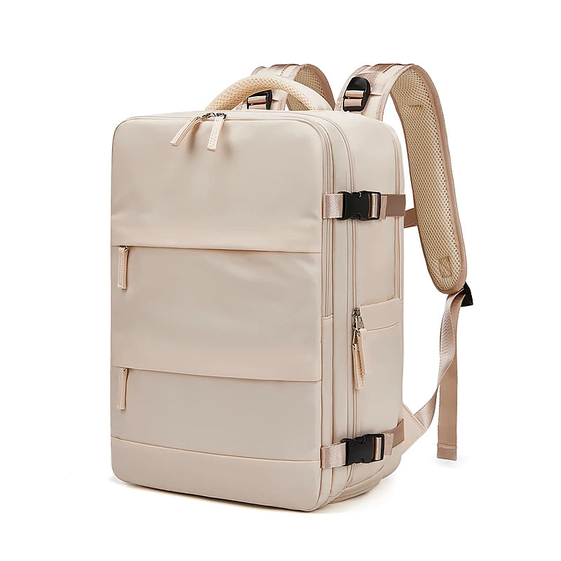 Beige backpack with brown straps on a white background
