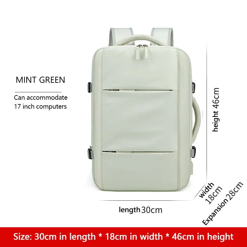 Mint green backpack with dimensions and computer accommodation details on a white background