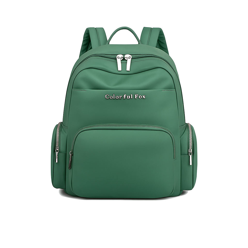 Green backpack with 'Colorful Fox' branding on a white background