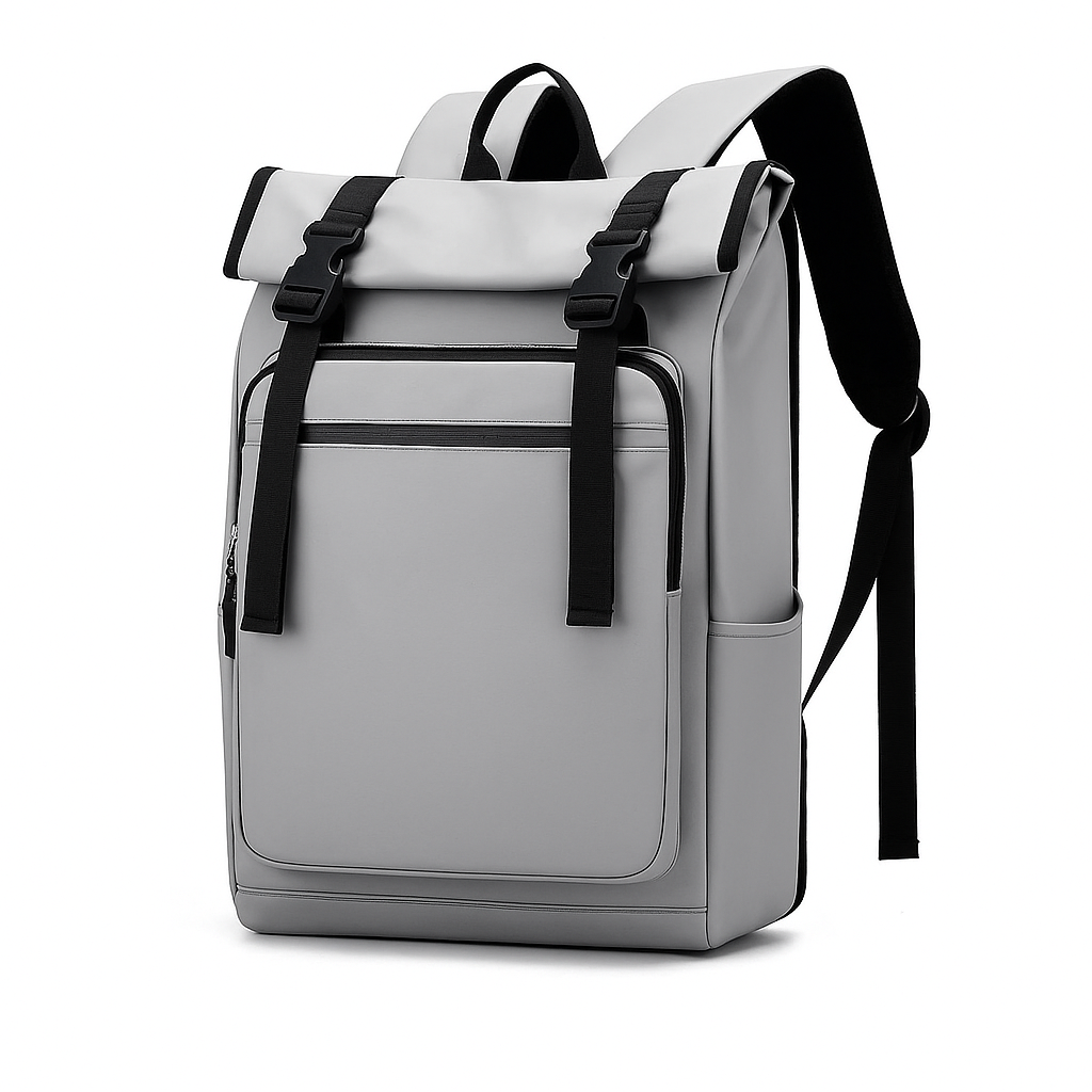 Gray backpack with black straps on a white background