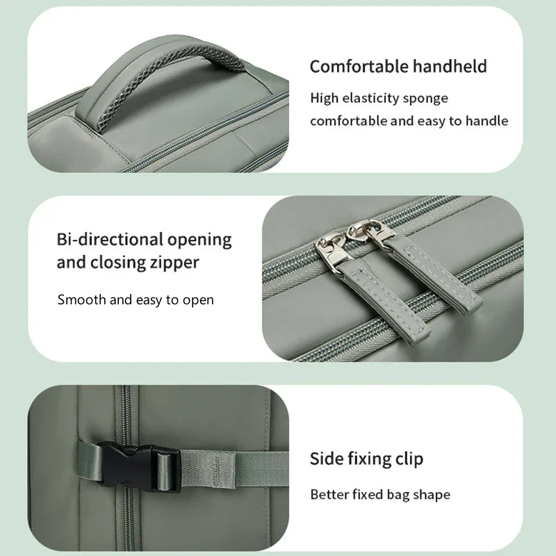 Gray bag with features highlighted on a light green background