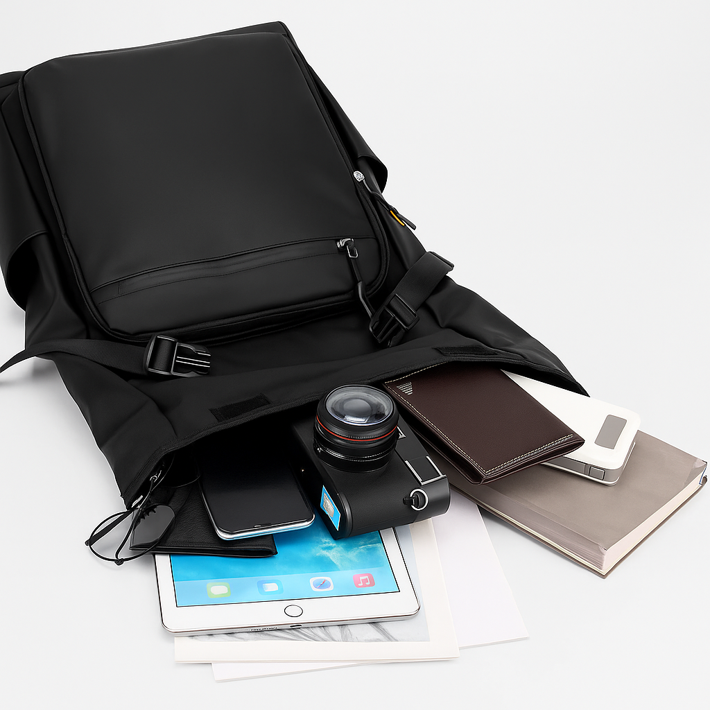 Black backpack with electronic devices and items on a white surface